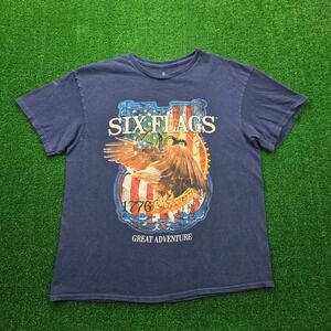 Six Flags Great Adventure Tshirt Mens Large Blue Patriotic Eagle American Flag